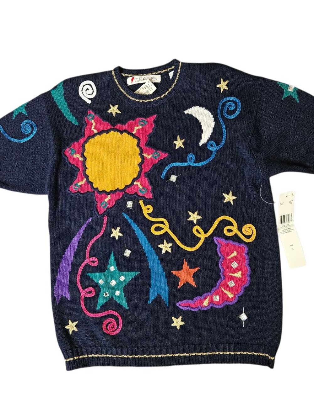 NWT VTG Chaus Women's L Celestial Knit Sweater Beaded Embroidered 90's 3D Galaxy